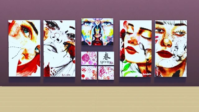 A vibrant collection of abstract portraits featuring colorful and artistic depictions of faces, displayed in a modern setting.