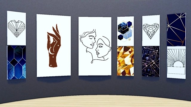 A collection of artistic panels displayed on a grey wall, featuring various designs including geometric patterns, a hand, abstract faces, and a heart motif; Sims 4.