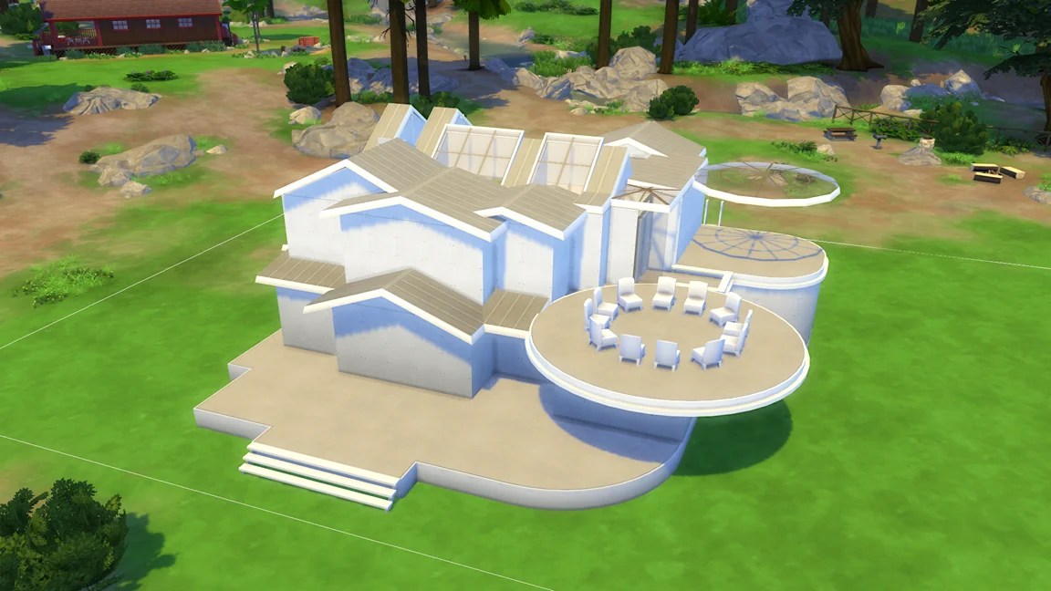 A modern shell design featuring a circular patio and a unique architecture style, set in a grassy landscape. The open space encourages outdoor gardening and relaxation.