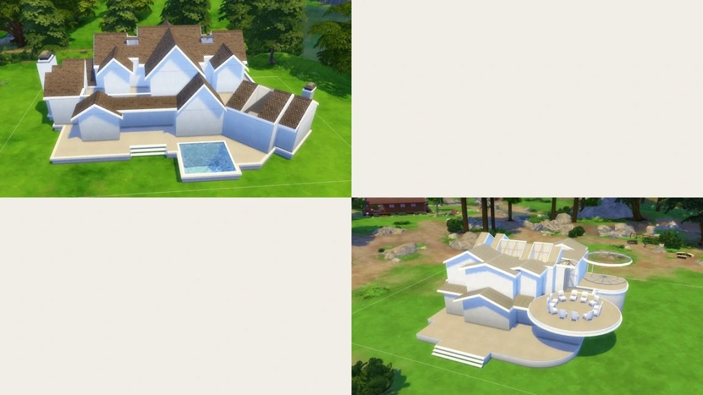 Aerial view of a modern architectural house design featuring multiple gabled roofs, white walls, and a small swimming pool in the foreground.