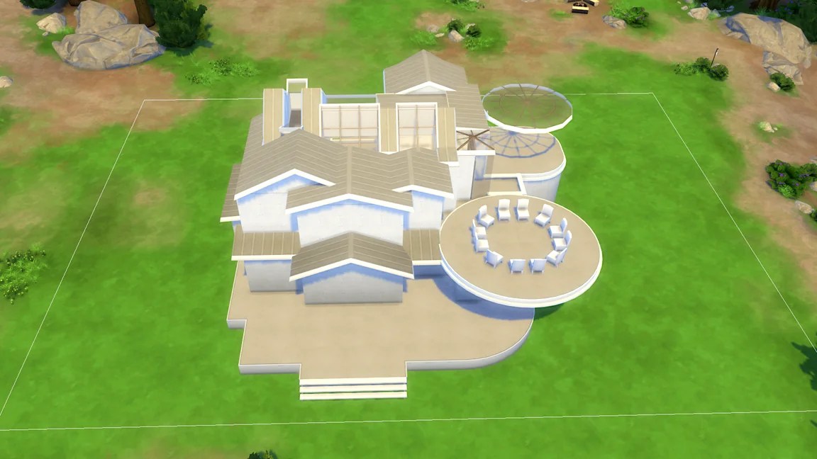 A modern shell design of a house with multiples rooflines, featuring a circular patio and a large outdoor dining area. An empty lot the Sims 4.