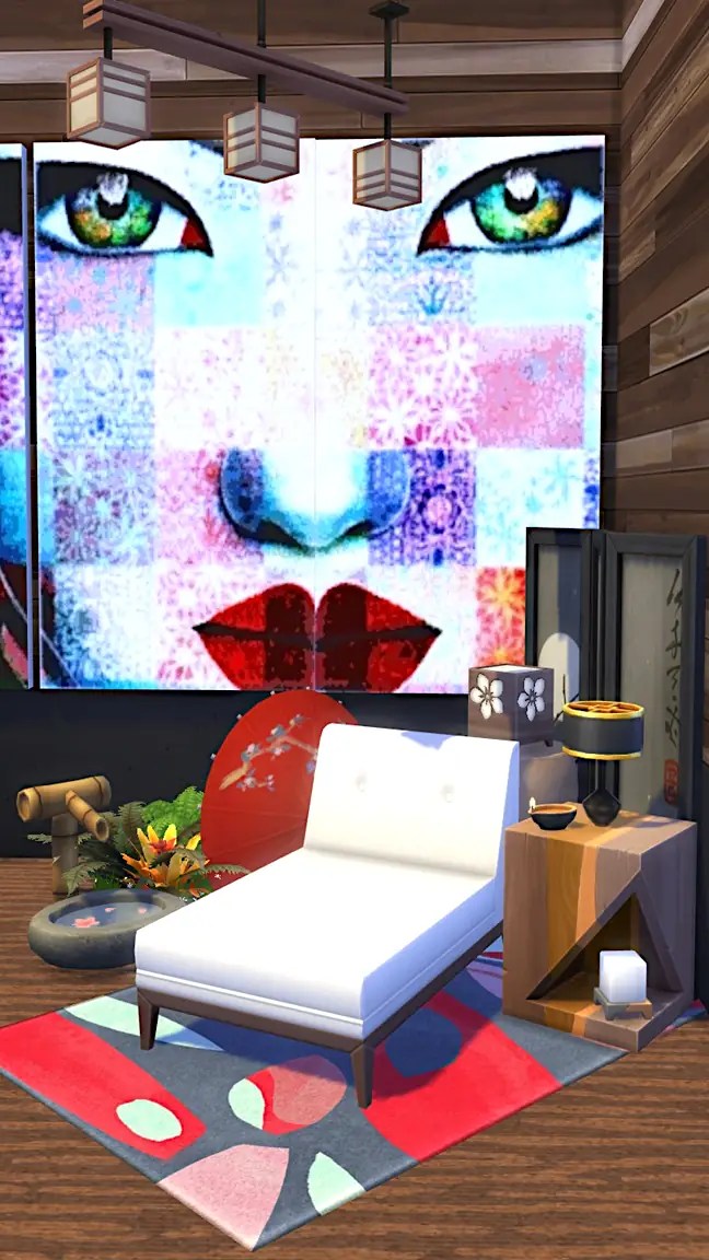 A modern living space featuring a white chaise lounge on a colourful rug, surrounded by decorative items including a red umbrella, plants, and an accent table with a lamp, against a backdrop of abstract artwork depicting a face.