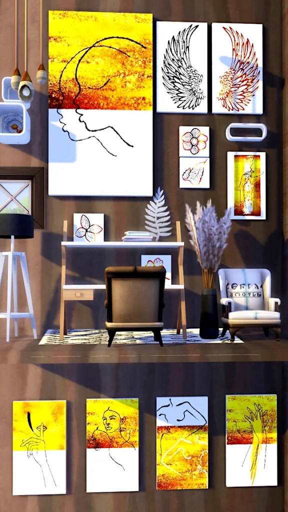 An artistic wall display featuring several pieces of modern artwork with a yellow and orange colour palette, including abstract figures and floral designs, set within a stylish interior with a desk and chairs.