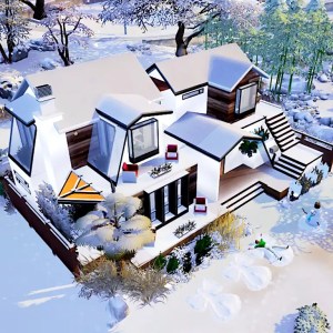 A modern winter home, Sims 4, surrounded by snow, featuring elegant architecture and a cozy outdoor area.