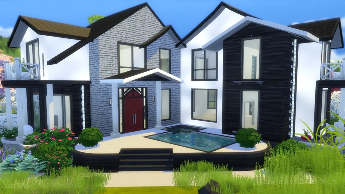 A modern two-storey house with a combination of brick and wooden exterior, featuring large windows and a red front door. The property includes a small swimming pool in the front and landscaped garden with greenery and flowers.