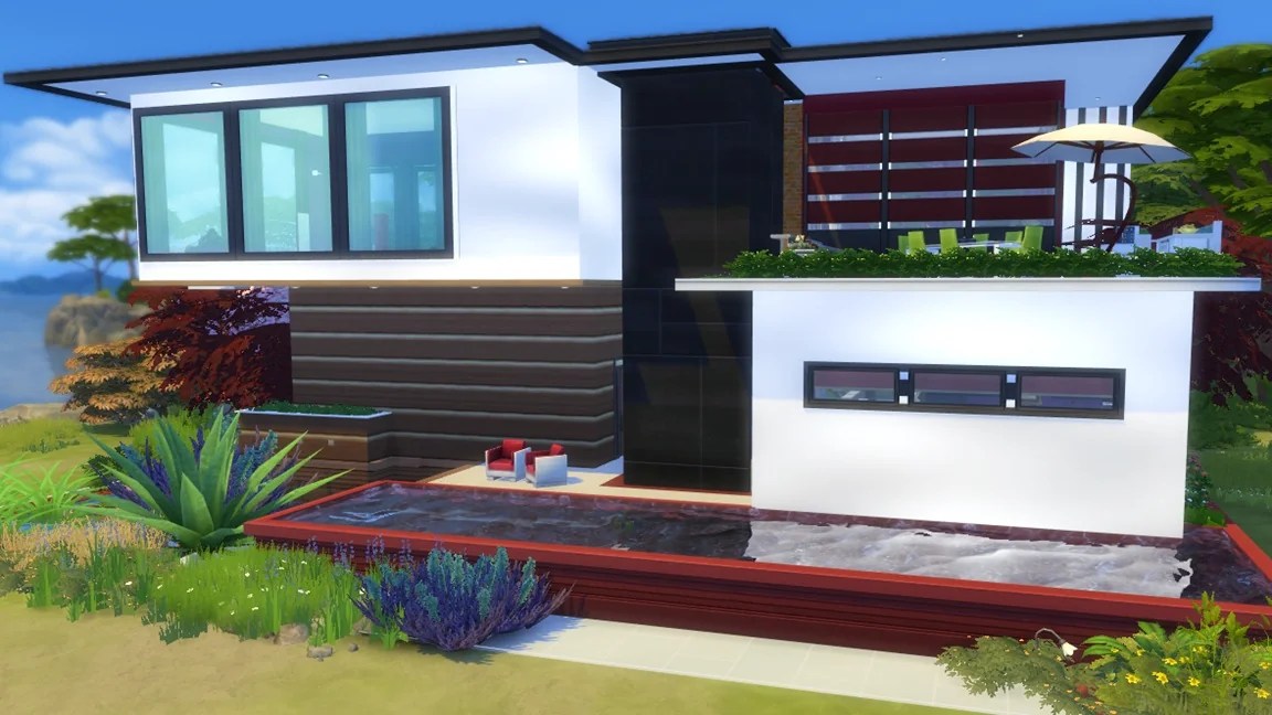 A modern two-storey house with sleek lines, featuring large windows, a black and white facade, and a landscaped garden with greenery. The house includes a small pool and a balcony area with seating.