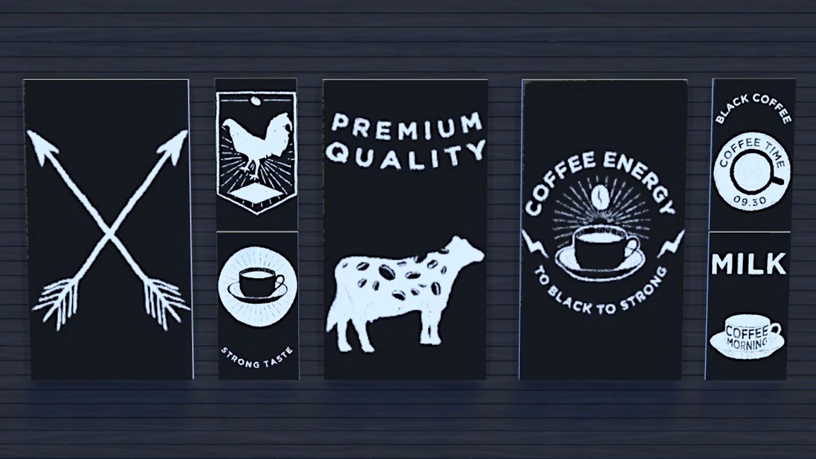 A collection of black and white coffee-themed graphics, including arrows, a rooster, and a cow, with text highlighting premium quality, strong taste, and coffee energy.