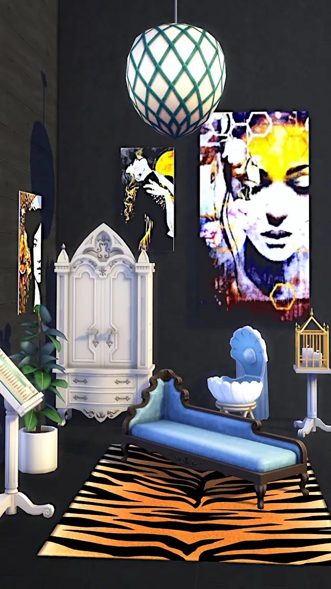 A modern interior featuring a blue chaise lounge on a tiger-striped rug, ornate white furniture, and artistic wall decorations with abstract designs. A stylish pendant light hangs from the ceiling.