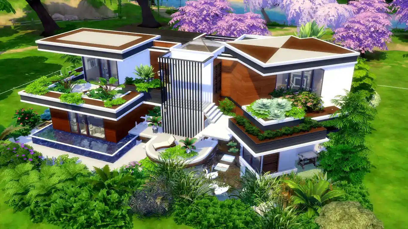 A modern, multi-level house surrounded by lush greenery and colourful flowers, featuring balconies with plants and a sleek architectural design.