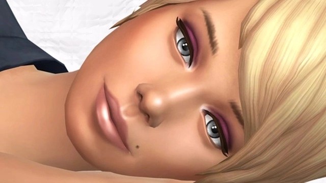 Close-up portrait of a female character with blonde hair and colourful eye makeup, resting her head on her hand against a light background.