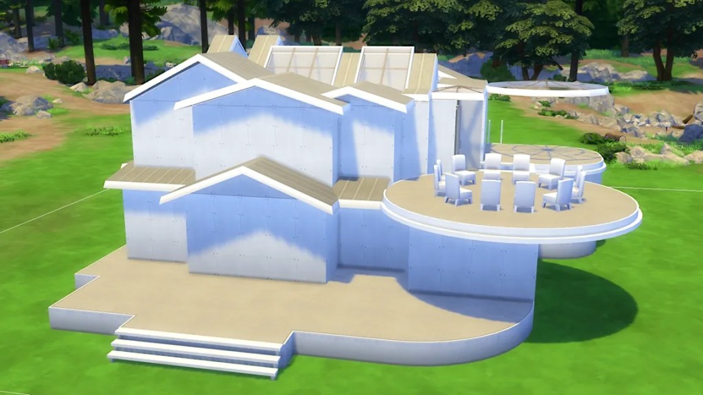 A modern architectural design of a house with multiple rooflines, featuring a circular patio and a large outdoor dining area surrounded by greenery.