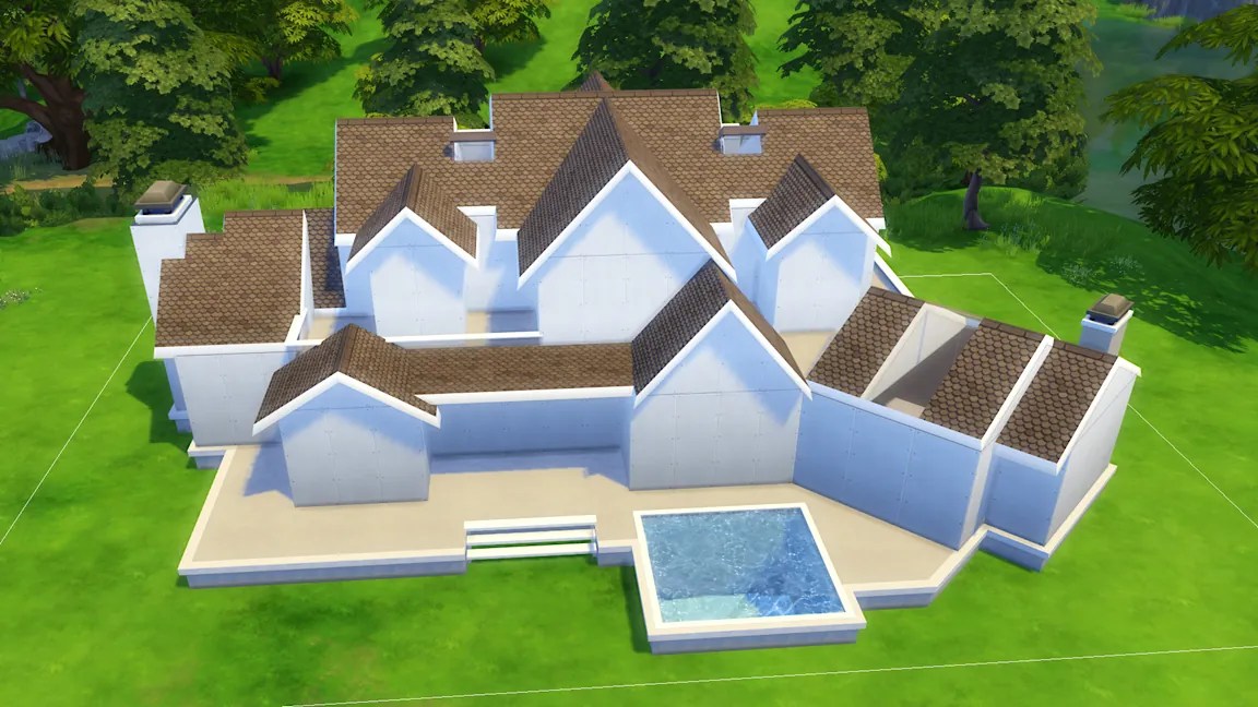 For the Sims 4 this is a modern house with multiple gabled roofs, white walls, and a swimming pool, set in a lush green landscape.