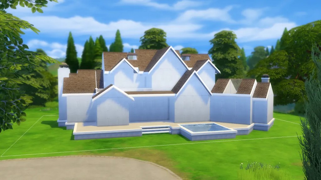 A large modern house with multiple gabled roofs, white walls, and a swimming pool, set in a lush green landscape.