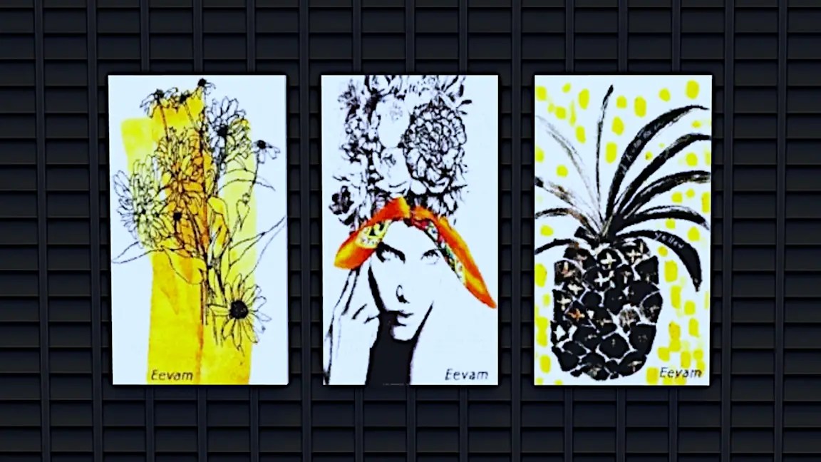 Three artistic cards displayed against a black background; the left card features yellow flowers, the middle card depicts a woman with floral elements and a bright orange headband, and the right card illustrates a pineapple with green leaves and a yellow backdrop.