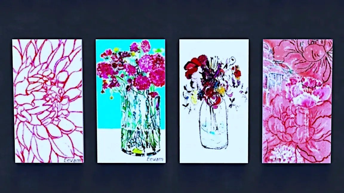 Four floral artwork pieces displayed together, featuring vibrant colours and different styles, including bold outlines and soft pink hues.