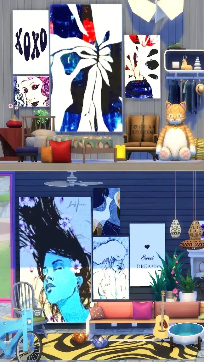 A digitally created room interior featuring various art pieces on the walls, including abstract designs and portraits. The decor includes a sofa with colourful cushions, a plush cat toy, a ceiling fan, and a blue bicycle. The floor is adorned with a patterned rug, while a plant and musical instruments are also present.