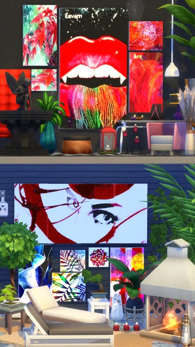 A stylish interior space featuring a wall adorned with various vibrant artworks, including an expressive red lips painting and a striking eye illustration. The décor includes a mix of plants, seating, and a decorative lantern, creating an inviting atmosphere.