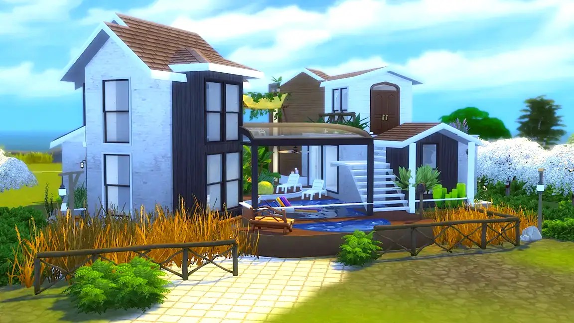 Modern two-storey house with a swimming pool and outdoor seating area, surrounded by greenery and flowers.