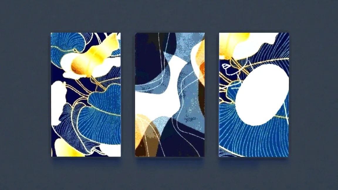 Three abstract art panels featuring floral designs in blue, yellow, and white hues on a dark background.