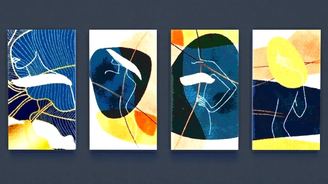 A series of four abstract art pieces featuring stylised human figures with lines and bold colours in shades of blue, yellow, and orange.