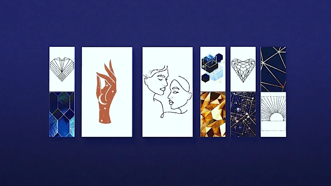 A set of canvases Sims 4 featuring various designs, including abstract shapes, outlines of faces, and geometric patterns, set against a blue background.