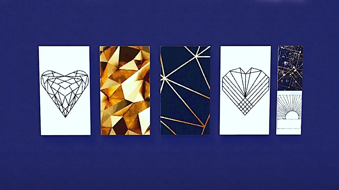 A series of five rectangular designs on a blue background, featuring geometric patterns including a geometric heart, a faceted diamond design, and abstract lines.
