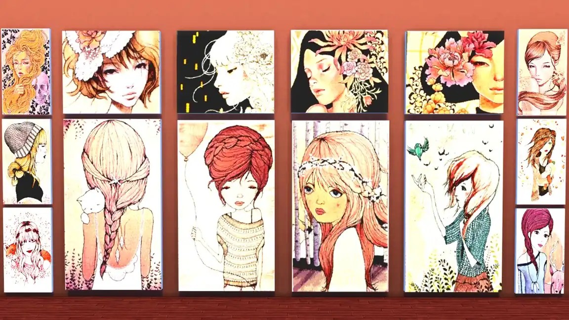 A collection of various illustrated portraits of women, featuring different hairstyles and floral elements, displayed on a textured wall.