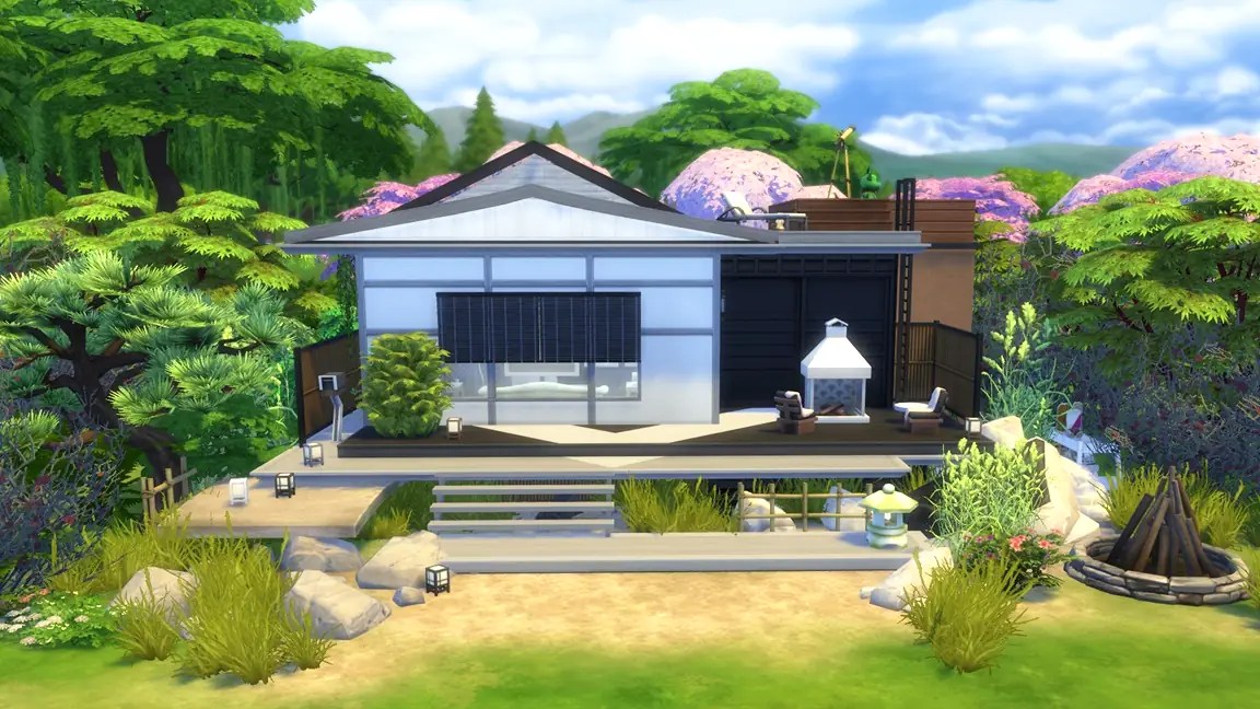 A contemporary house, Sims 4 game, surrounded by lush greenery, featuring a mix of modern and traditional architectural elements, with a landscaped garden and outdoor seating area.
