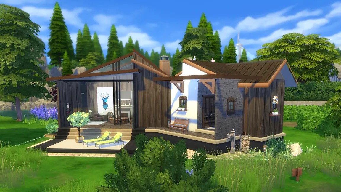Modern Sims 4 wooden house surrounded by greenery, featuring a patio with loungers and a large window displaying a decorative deer painting.