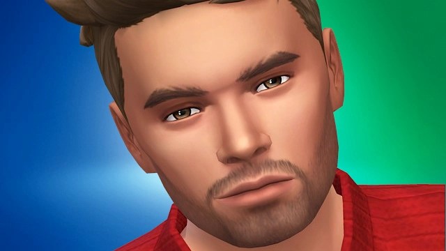 Close-up of a Sim male character with short brown hair and a serious expression, wearing a red shirt, against a blue and green gradient background.