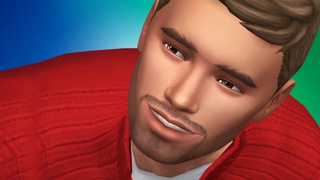 Close-up of a male sim character with light brown hair and a light beard, wearing a red sweater, smiling against a gradient background.