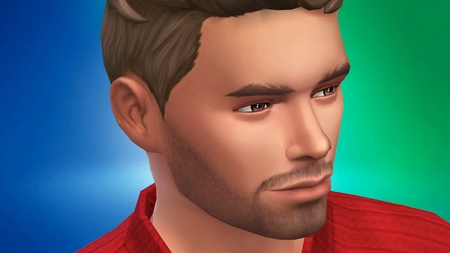 Close-up of a male sim character with light brown hair and a beard, wearing a red shirt, set against a blue and green background.
