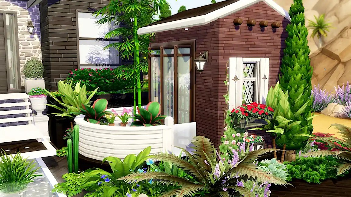 A beautifully landscaped garden featuring a small brown building surrounded by lush greenery and colourful flowers, with a decorative fence and a lantern.